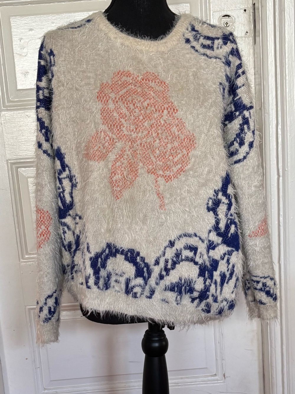 Anthropologie Ivory Fuzzy Crewneck Sweater with Coral Rose and Navy Accents